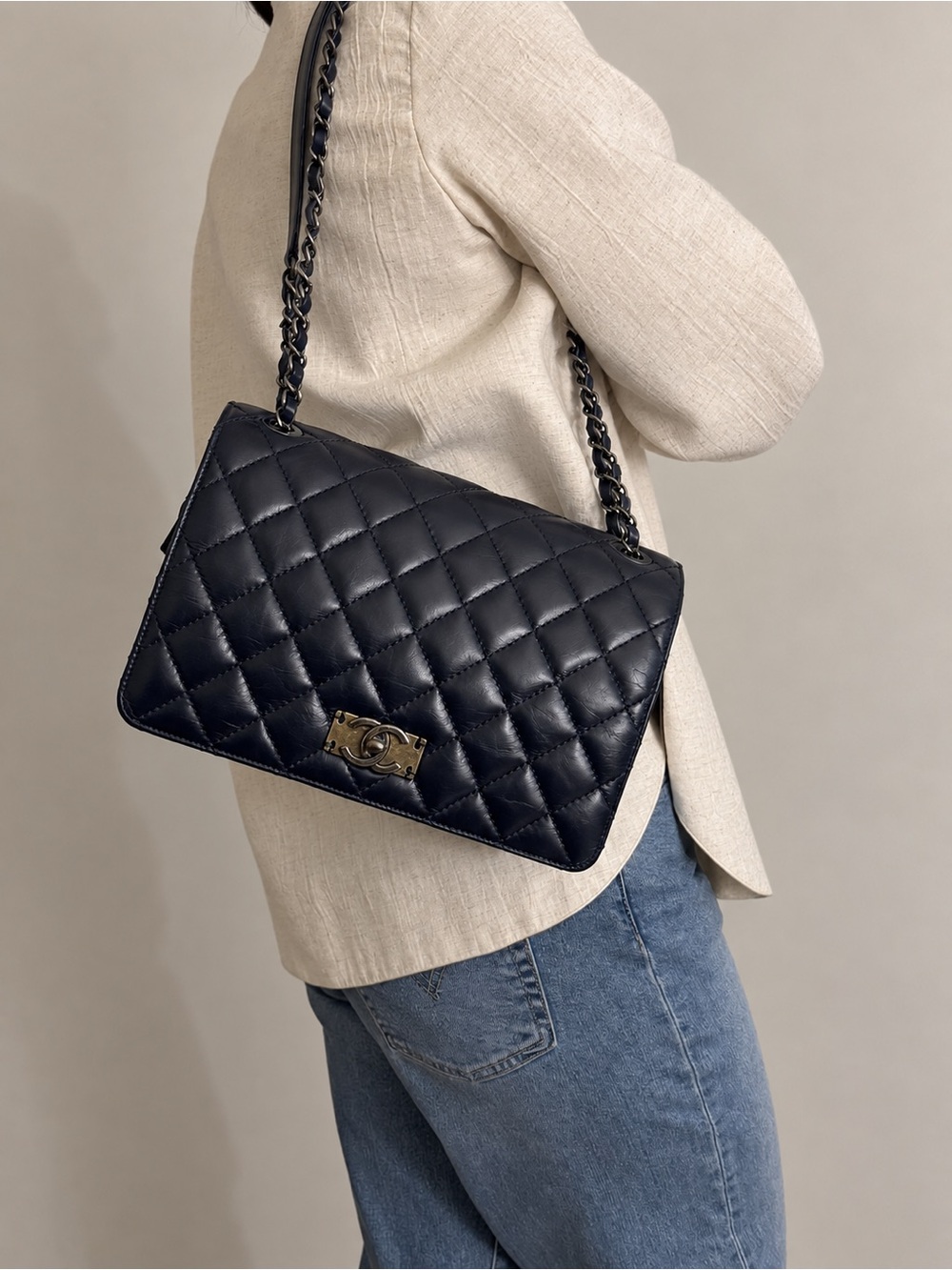 Chanel Medium Navy Blue Quilted Leather CC Flap Crossbody Shoulder Bag